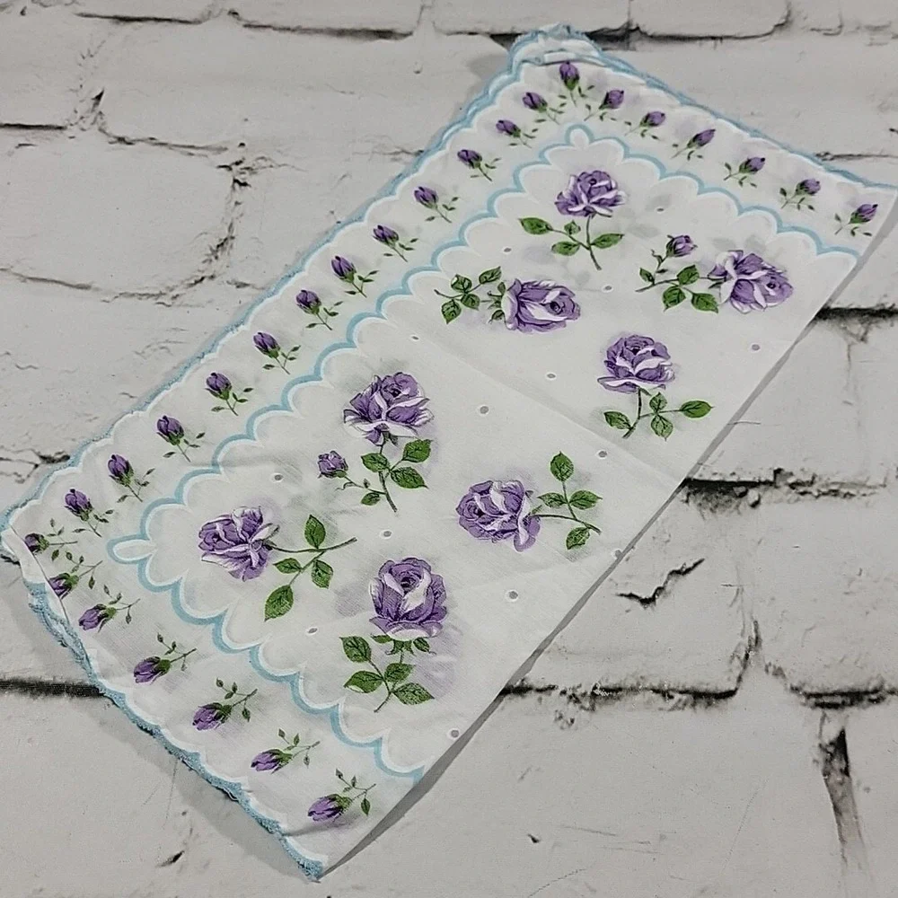 Vintage Handkerchief Hanky Sheer Feminine White Purple Roses Blue Trim